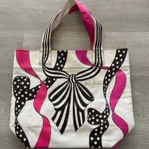 EUC Henri Bendel Pink & Black Bow Print Canvas Tote